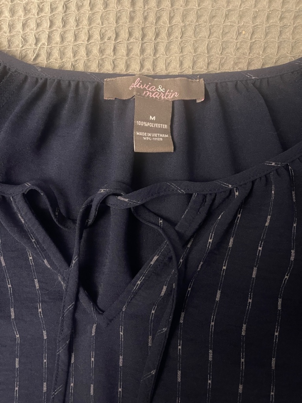 Navy Vertical-Stripe Peasant Blouse with Tie Neck - Picture 2 of 3